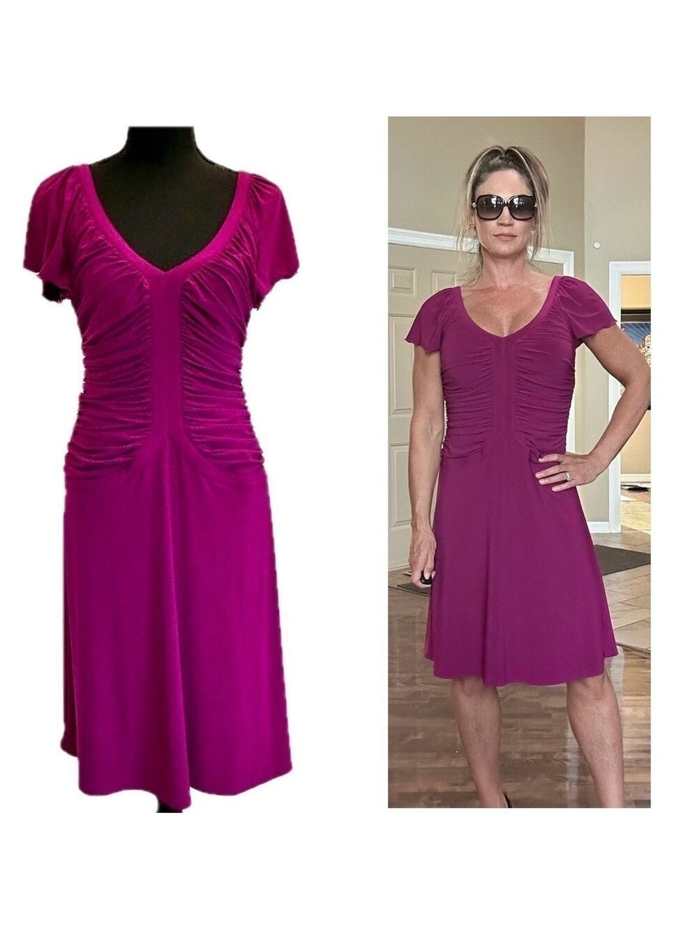 Joseph Ribkoff bright purple short sleeve gathered ruched fit & flare midi dress